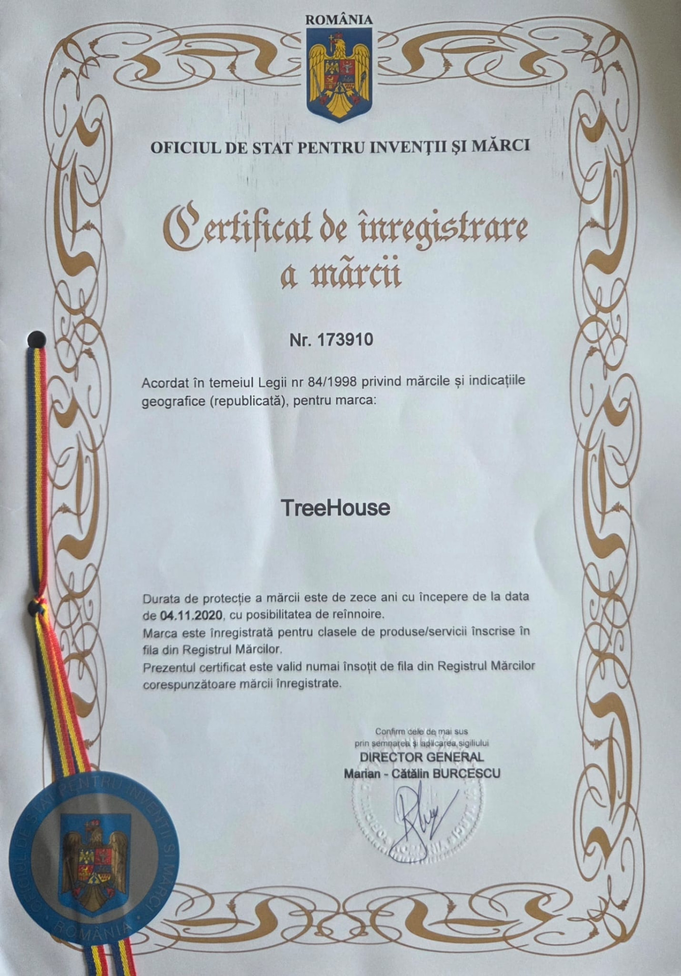 Certificat de înregistrare a mărcii nr. 173910